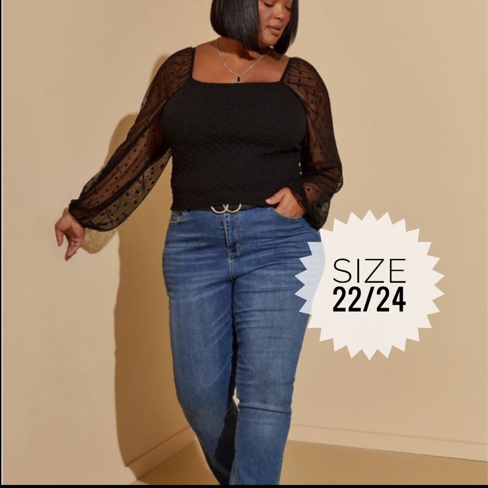 ASHLEY STEWART Black Dotted Mesh Sleeves Elasticized Bust-line Textured 22/24